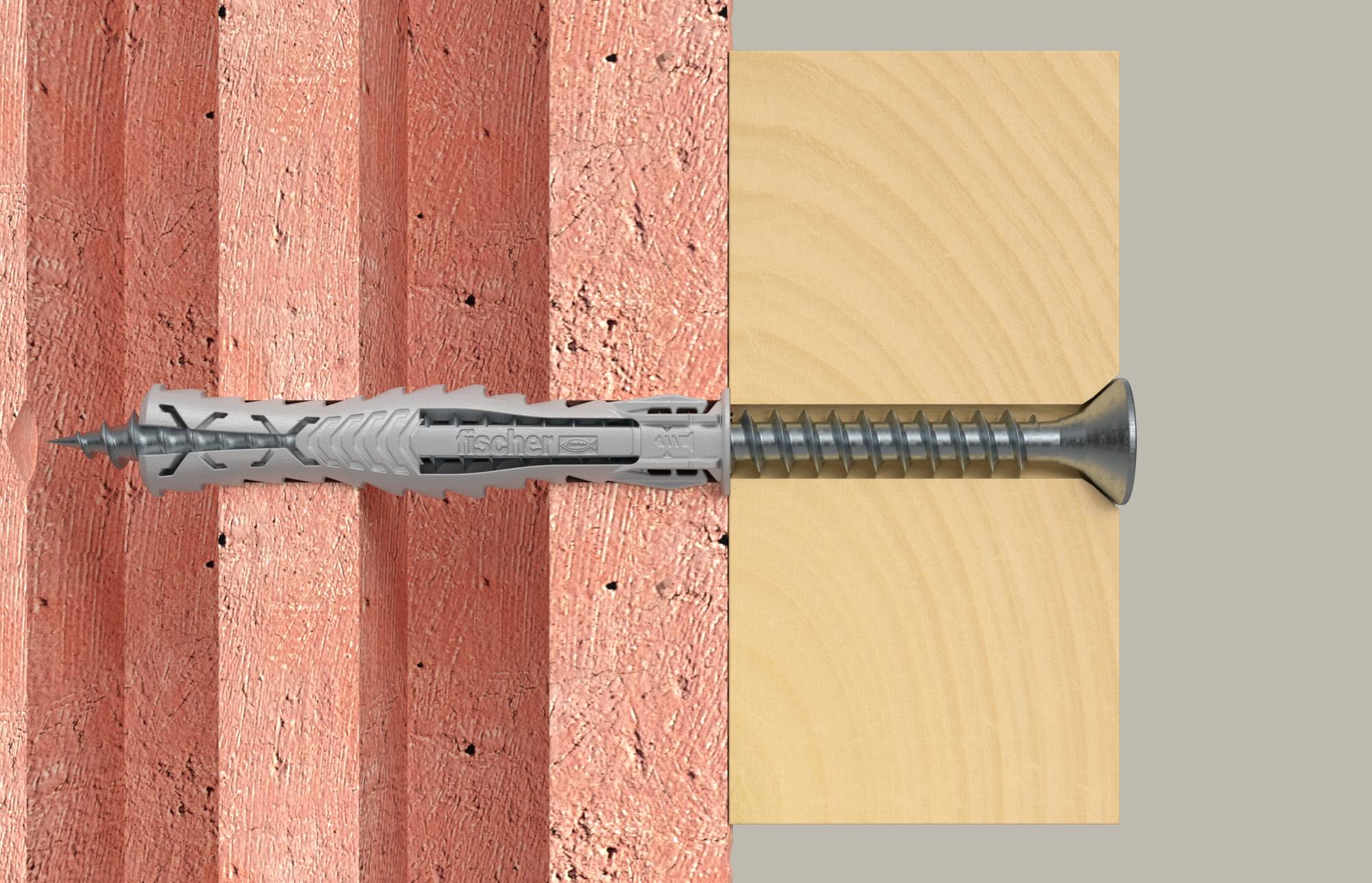 Querschnittsillustration einer Wandverankerungsschraube, die eine Ziegelmauer und ein Holzpaneel überbrückt und zeigt, wie die Befestigung Materialien zusammenhält.