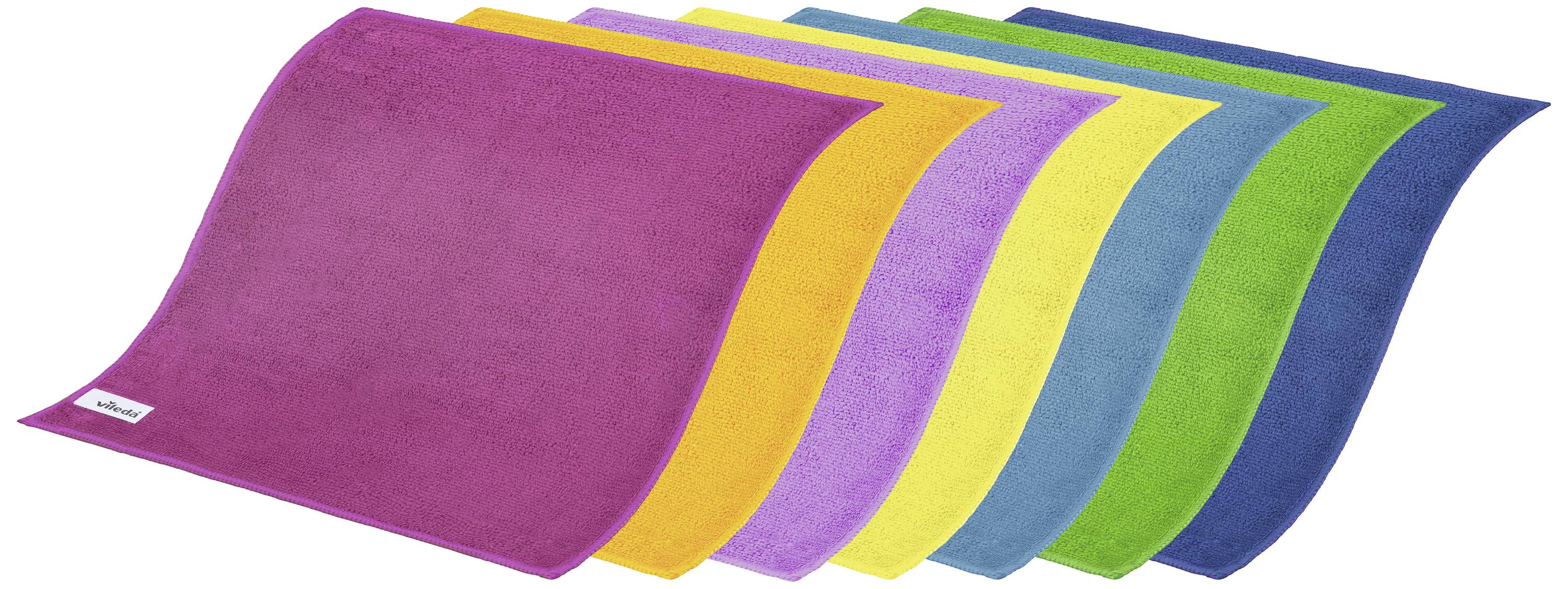 Mehrfarbige Mikrofaser-Reinigungstücher in einer Reihe: Rosa, Gelb, Lila, Blau und Grün. Geeignet für Haushaltsreinigung.