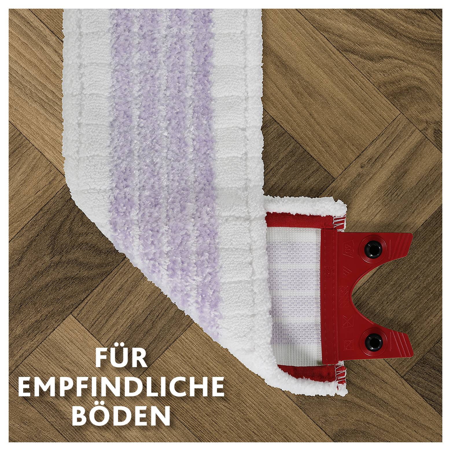 Roter Wischerkopf auf Holzboden mit deutschem Text „FÜR EMPFINDLICHE BÖDEN", was anzeigt, dass er für empfindliche Böden geeignet ist.
