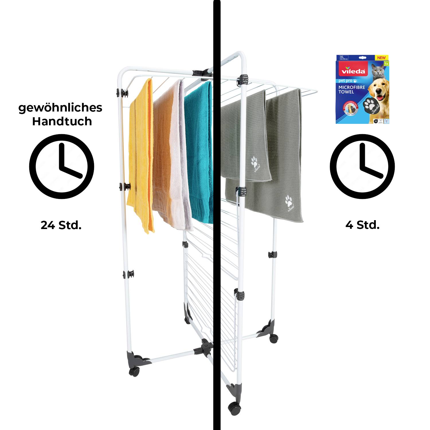 'Trockengestell mit zwei Seiten. Links: Bunte Handtücher mit Text "gewöhnliches Handtuch, 24 Std." Rechts: Vileda Handtuchpaket, trockene Tücher, 4 Std.'