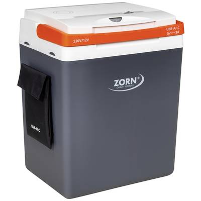 Kühlbox der Marke ZORN mit 230V/12V Anschluss, USB-A/C 5V=3A Port und Isolierdeckel. Geeignet für Outdoor-Aktivitäten.