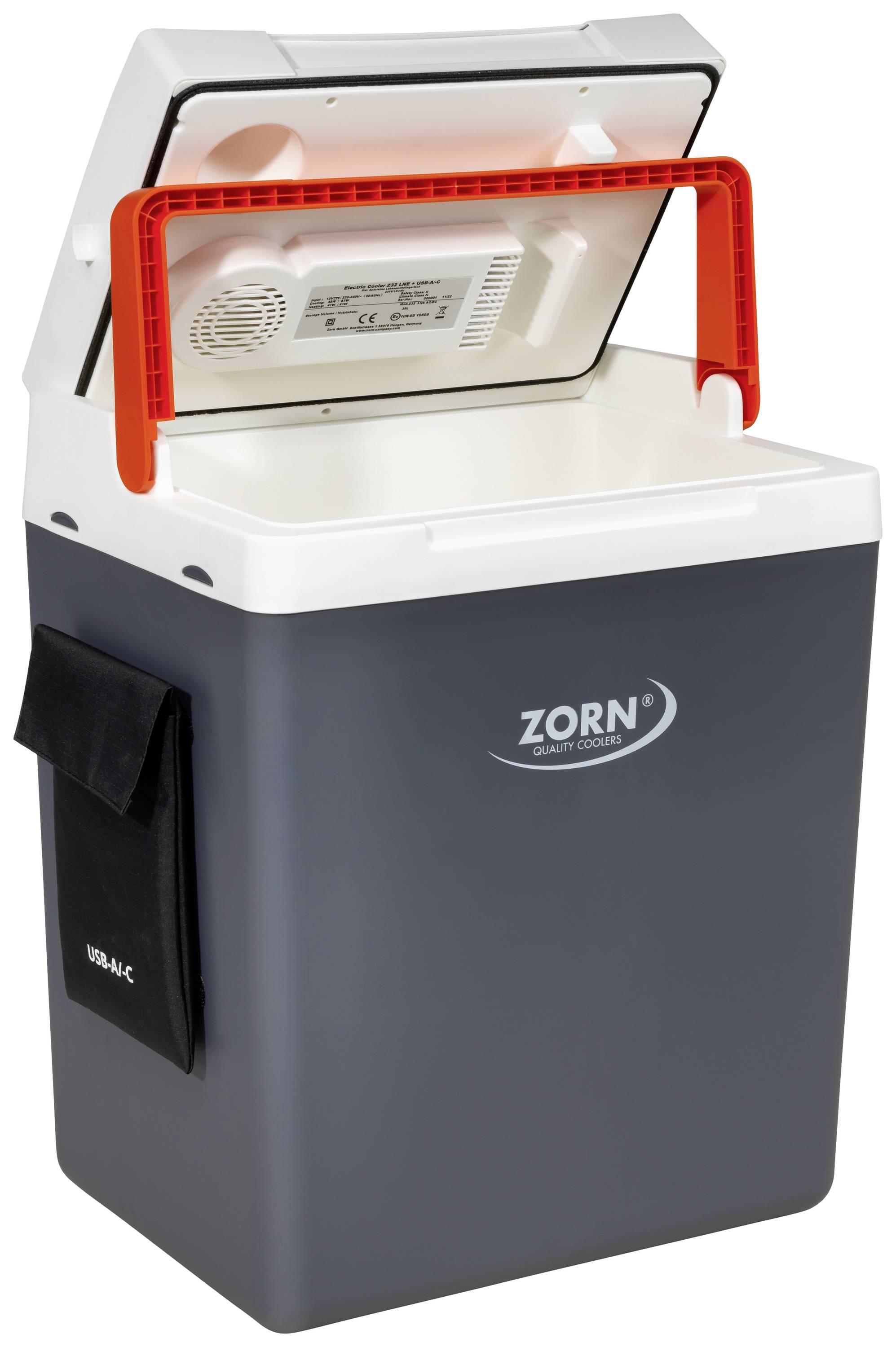 Kühlbox mit offenem Deckel, graues Design, rote Tragegriffe, Markenname 'Zorn', zusätzliche Seitentasche, freistehend.