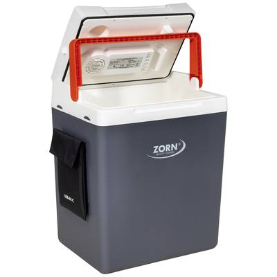 Kühlbox mit offenem Deckel, graues Design, rote Tragegriffe, Markenname 'Zorn', zusätzliche Seitentasche, freistehend.