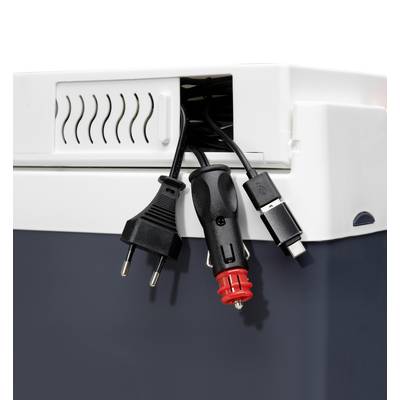 Mehrere Kabel mit verschiedenen Steckertypen hängen aus einem weißen Gerät, möglicherweise für Stromversorgung oder Anschlusszwecke.