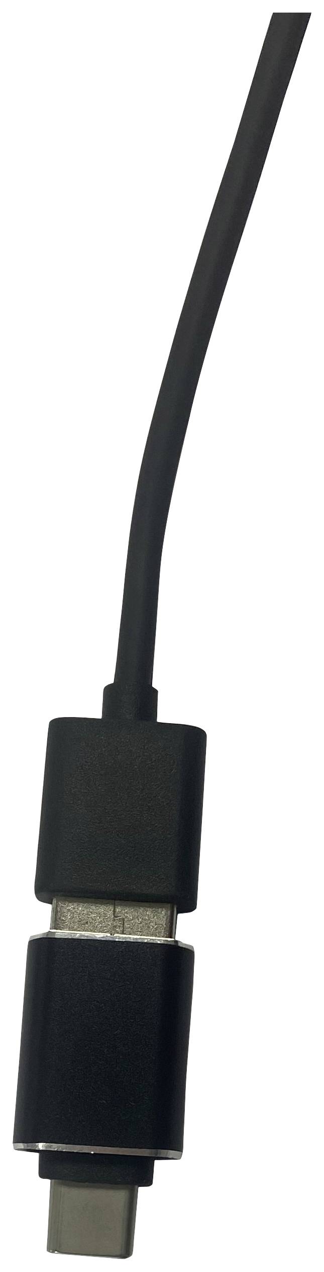 Ein schwarz-weißes USB-C-Kabel von oben fotografiert, zeigt den Stecker im Vordergrund, der für den Anschluss an elektronische Geräte verwendet wird.