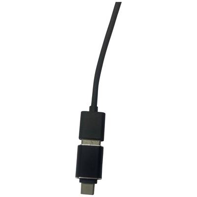 Ein schwarz-weißes USB-C-Kabel von oben fotografiert, zeigt den Stecker im Vordergrund, der für den Anschluss an elektronische Geräte verwendet wird.