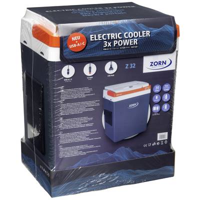 'Elektrische Kühlbox ZORN Z32 mit USB A/C, 12/230V, 30L. Blau mit orangefarbenem Deckel. Hält Speisen und Getränke kühl oder warm.'