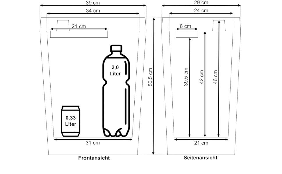 'Diagramm eines Behälters mit Front- und Seitenansicht, zeigt Maße und Kapazitäten; enthält 0,33-Liter-Dose und 2,0-Liter-Flasche.'