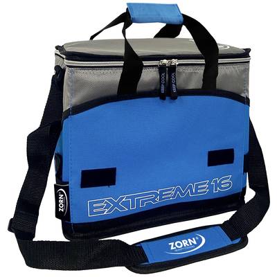 Kühlbox aus blauem und grauem Material mit Tragegriff und Schulterriemen, Aufschrift 'Extreme 16' und Logo von 'Zorn' auf dem Riemen.