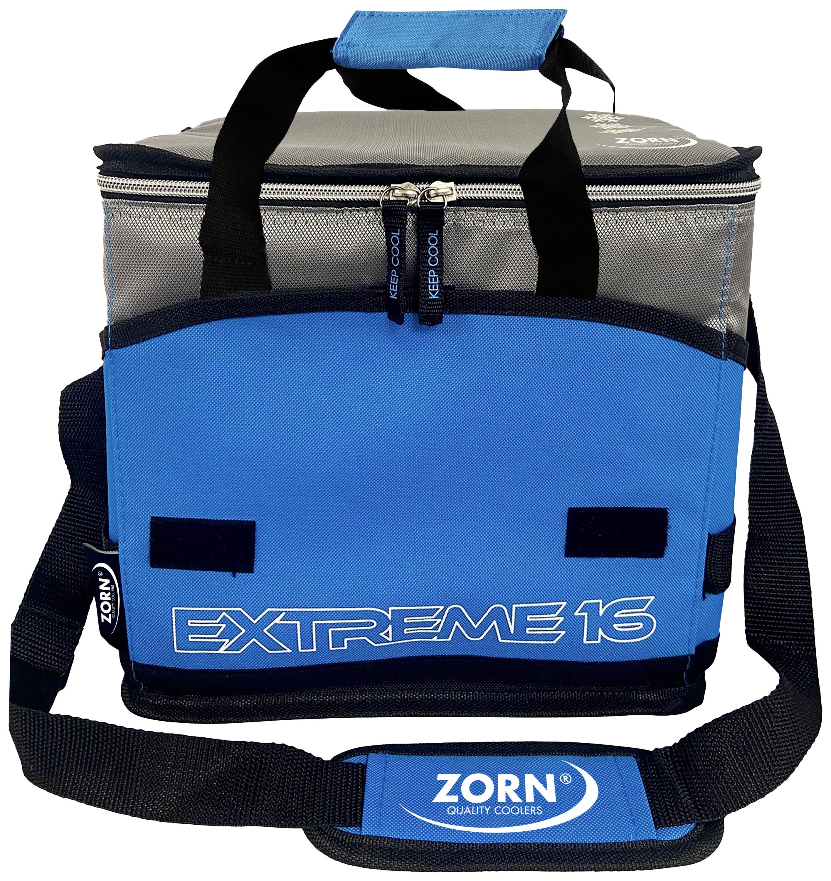 Kühltasche mit blauem Design, schwarzem Schulterriemen und der Aufschrift 'EXTREME 16'. Marke 'Zorn' oben rechts.