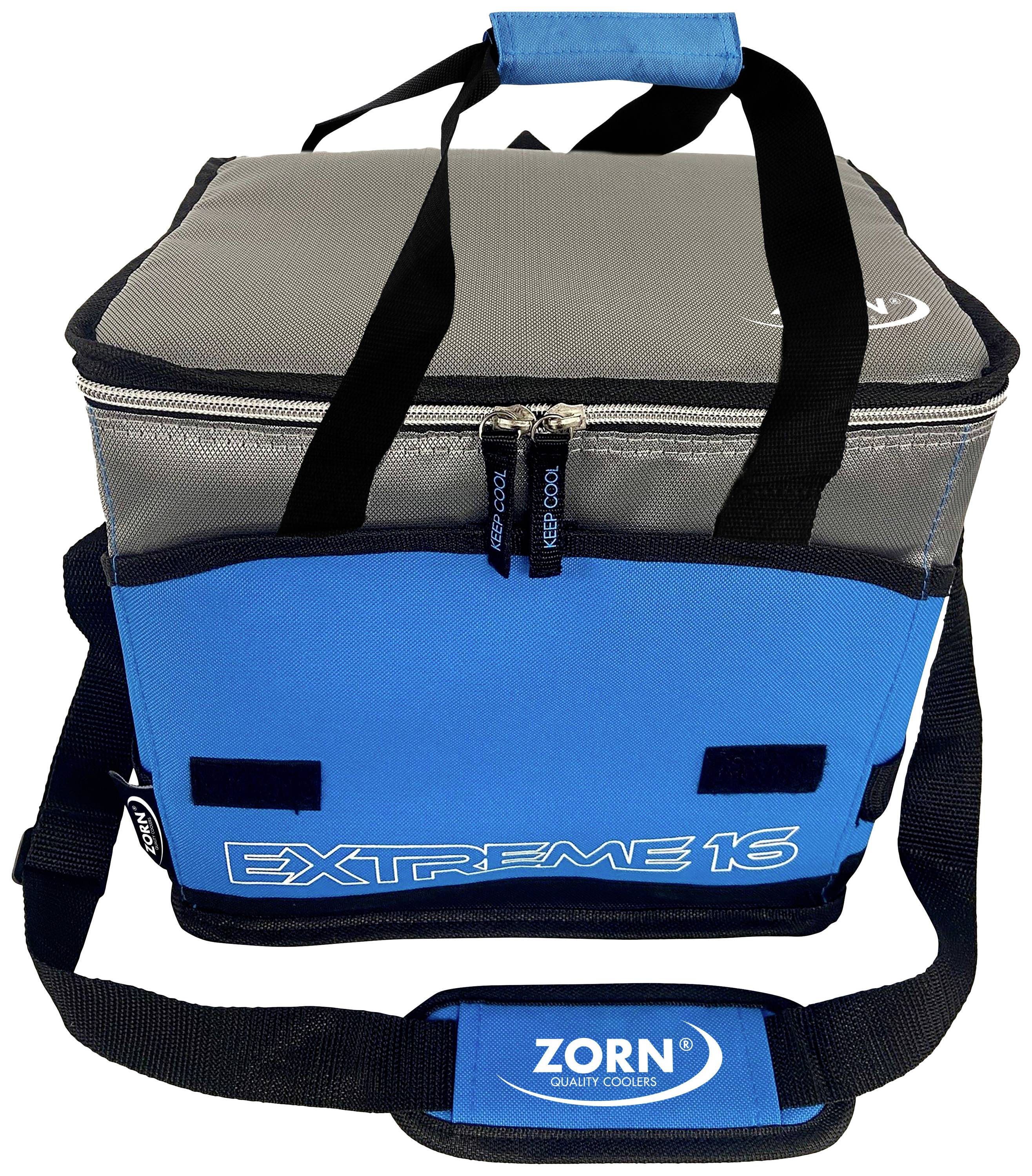 Eine blaue und graue Kühltasche mit der Aufschrift 'Extreme 16' und 'Zorn Quality Coolers' auf dem Tragegurt.