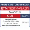 'Siegel des ETM Testmagazins: Preis-Leistungssieger. Zorn ZP 32, Bewertung: gut (89,6%), Vergleichstest passiver Kühlboxen, Ausgabe 07/2022.'