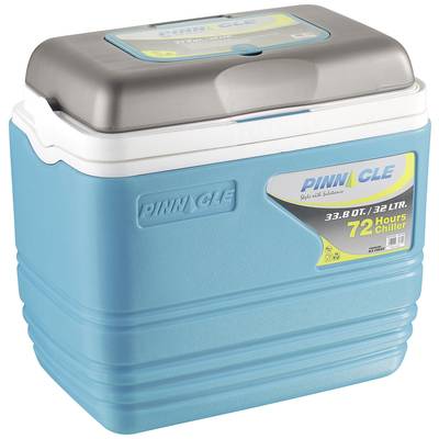 Blauer Kühlbox-Behälter mit grauem Deckel und Etikett, auf dem steht, dass er 32 Liter fasst und 72 Stunden kühlt.