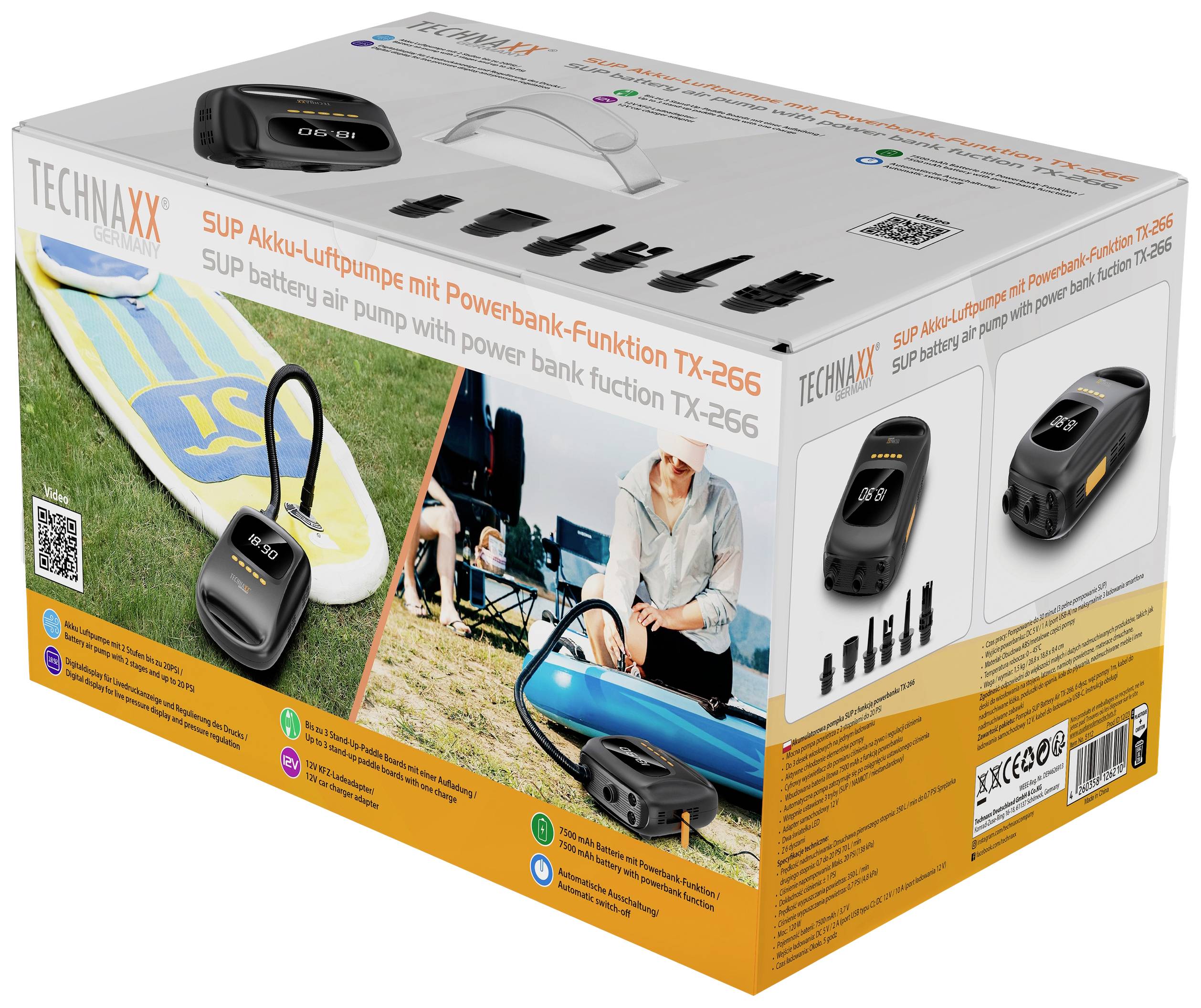 'TECHNAXX SUP Akku-Luftpumpe mit Powerbank-Funktion TX-266' Verpackung zeigt Pumpe, Aufladen eines SUP-Boards und Spezifikationen.