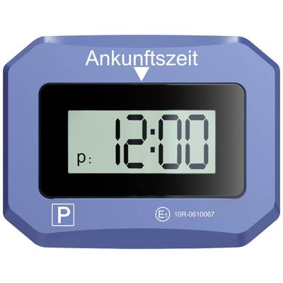 Blaue Parkscheibe mit digitaler Anzeige zeigt 'Ankunftszeit 12:00' an. Oben steht 'Ankunftszeit', unten ein 'P'-Symbol und technische Angaben.