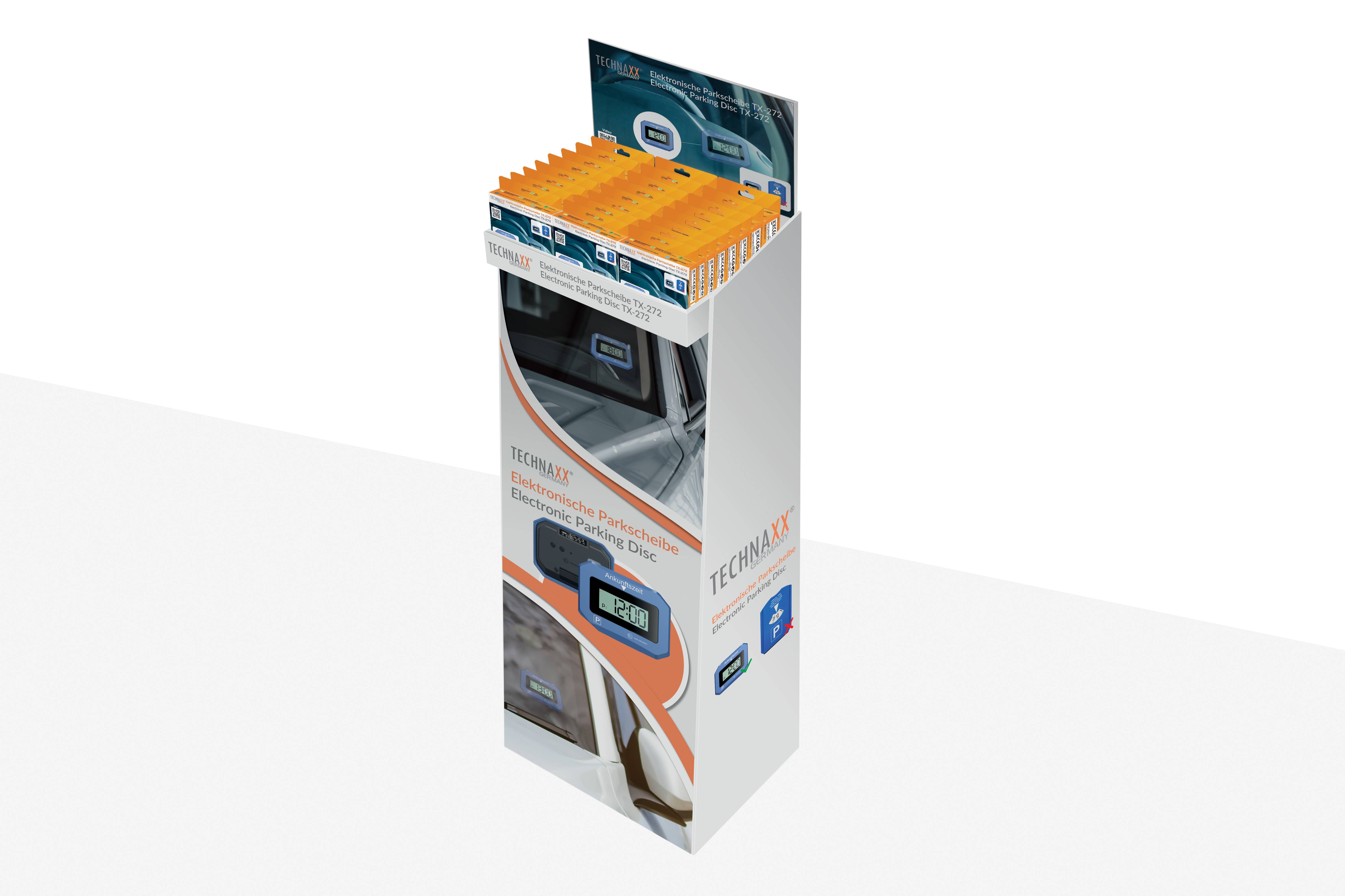 Ein hoher, rechteckiger Aufsteller mit Werbematerial präsentiert ein Elektronikprodukt zur Überwachung von Kühlketten in Versandbehältern.