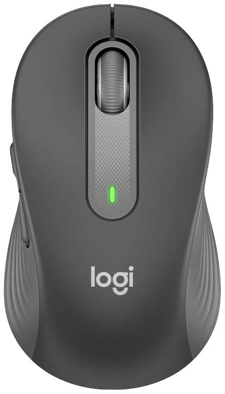 Graue kabellose Computermaus mit Scrollrad und grünem Lichtindikator auf der Oberseite. Markenzeichen 'logi' leicht erkennbar.