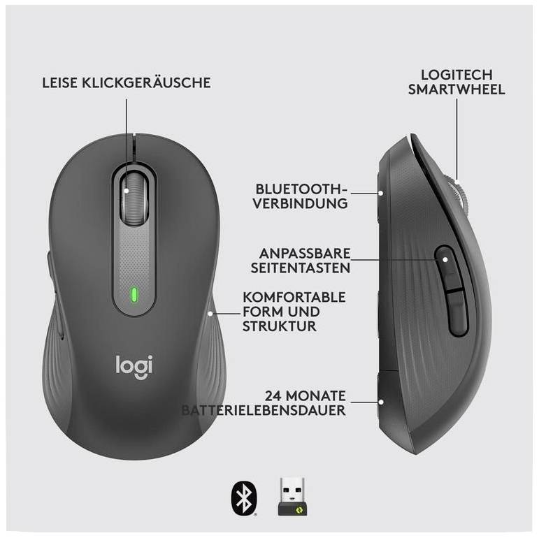 Zwei Ansichten einer kabellosen Maus. Sie bietet leise Klickgeräusche, Bluetooth-Verbindung, ein Smartwheel, anpassbare Seitentasten und eine Batterielebensdauer von 24 Monaten.