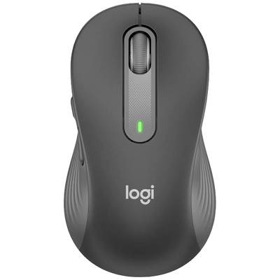 Kabellose schwarze Computermaus mit Scrollrad und grünem Lämpchen. Logo unten auf der Maus sichtbar.