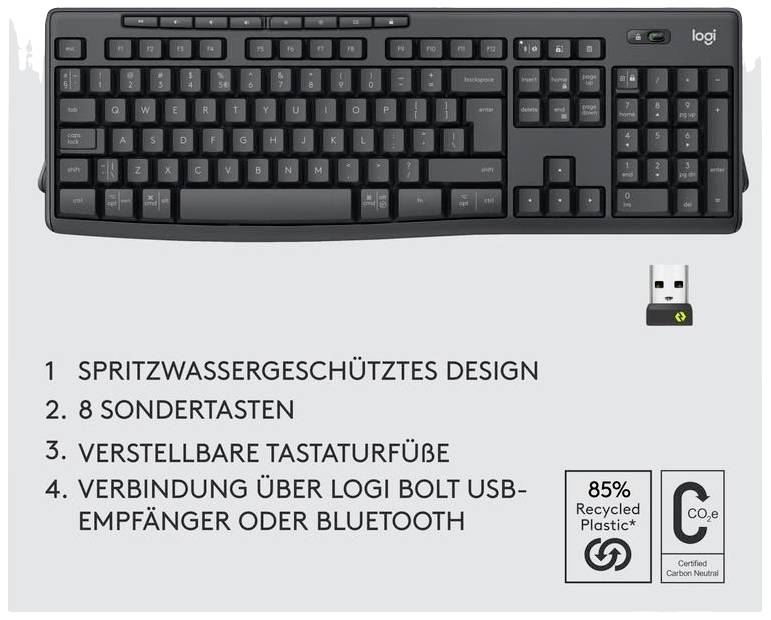 Schwarze Tastatur mit USB-Empfänger. Text: '1. Spritzwassergeschütztes Design 2. 8 Sondertasten 3. Verstellbare Tastaturfüße 4. Verbindung über Logi Bolt USB-Empfänger oder Bluetooth.' 85% recyceltes Plastik.