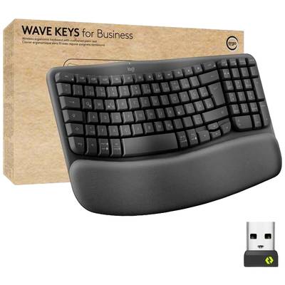 Kabellose, ergonomische Tastatur mit geschwungenem Design und Handballenauflage. Verpackung und USB-Empfänger inklusive.