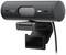 Schwarze Webcam mit Halterung, zylindrische Form, markiert mit "logi".