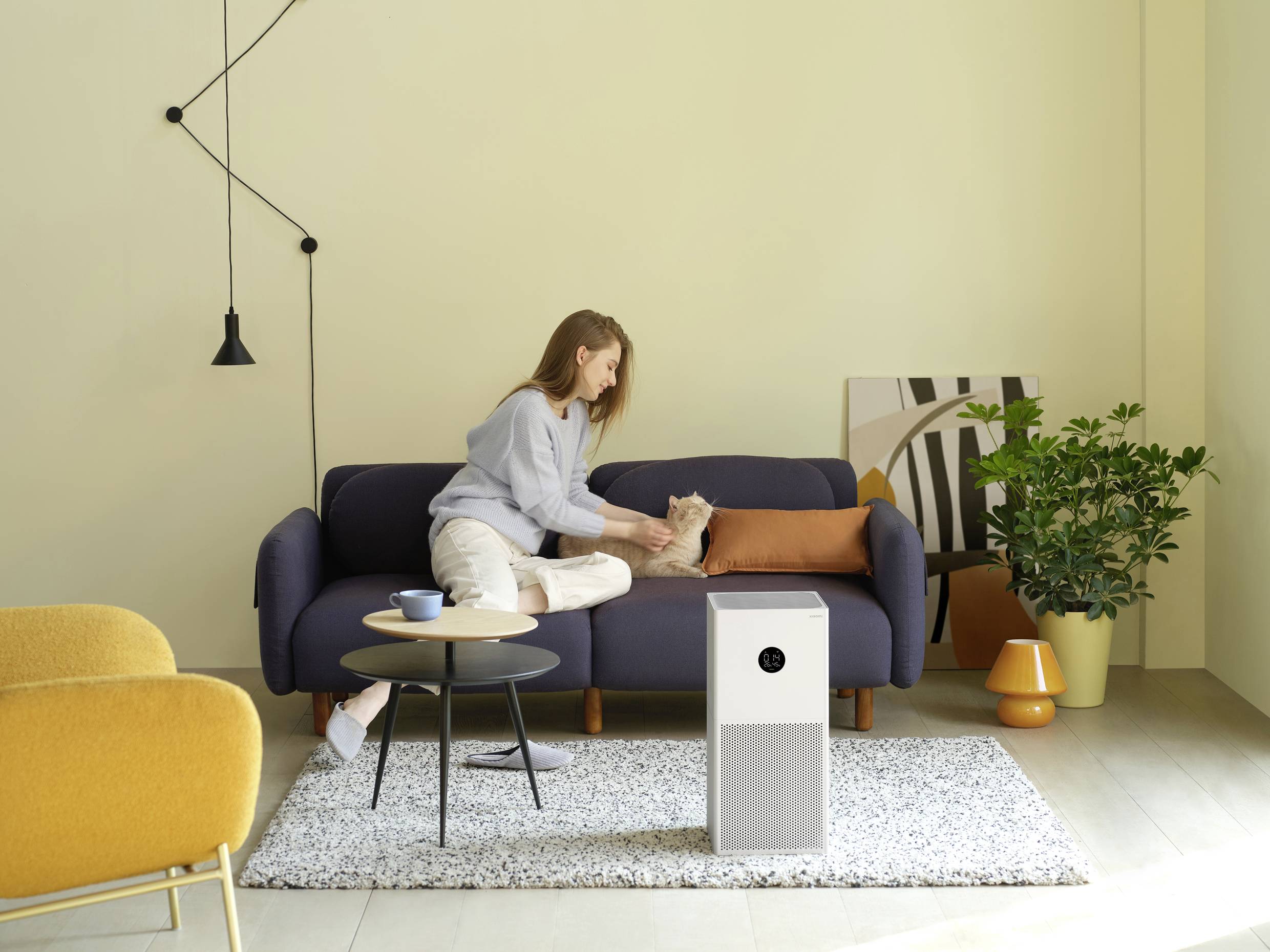 Eine Person sitzt auf einem Sofa und streichelt eine Katze. Im Vordergrund steht ein Luftreiniger. Der Raum ist modern eingerichtet mit Pflanzen.