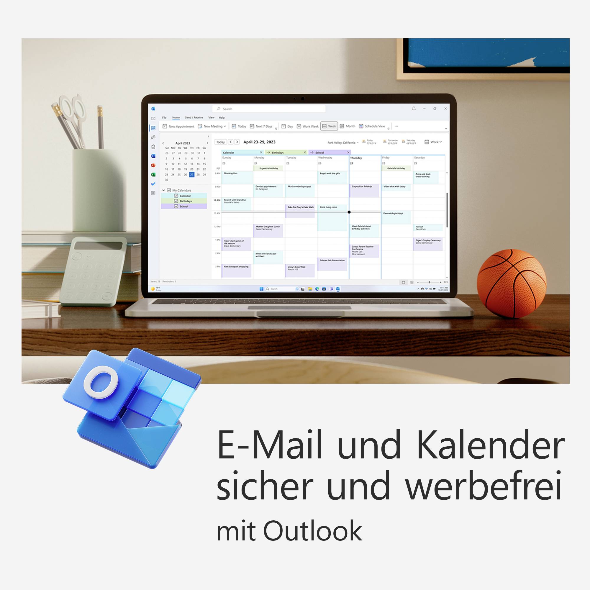 Ein Laptop zeigt den Outlook-Kalender mit Terminen. Daneben das Outlook-Logo. Text: 'E-Mail und Kalender sicher und werbefrei mit Outlook'.
