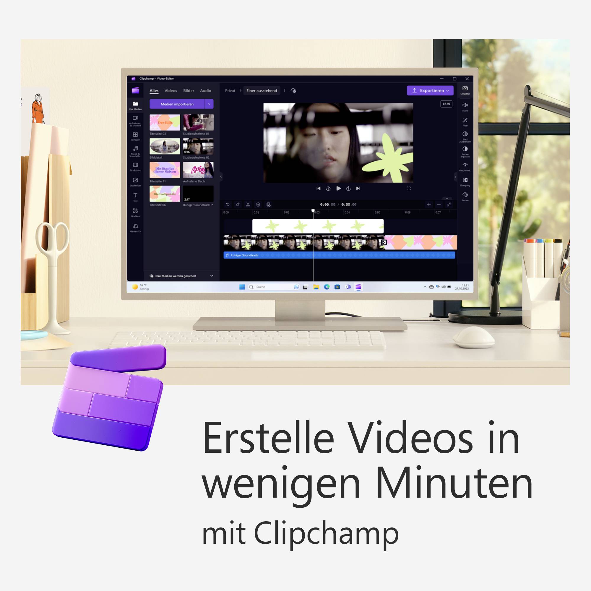 Ein Computerbildschirm zeigt eine Videobearbeitungssoftware. Text unten: 'Erstelle Videos in wenigen Minuten mit Clipchamp'.