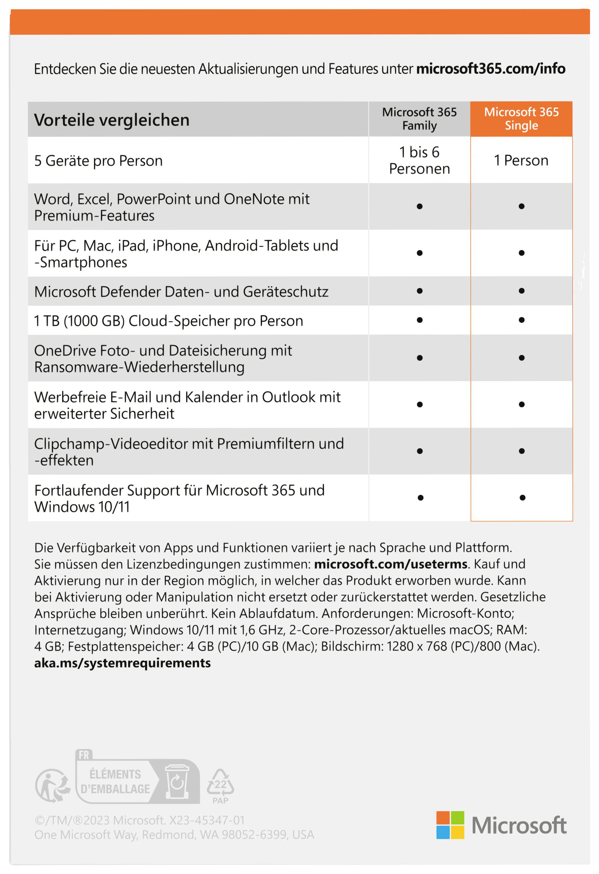 'Vergleich von Microsoft 365-Versionen: Familien- vs. Einzelversion. Hauptmerkmale: Nutzeranzahl, enthaltene Apps, Speicherplatz.'
