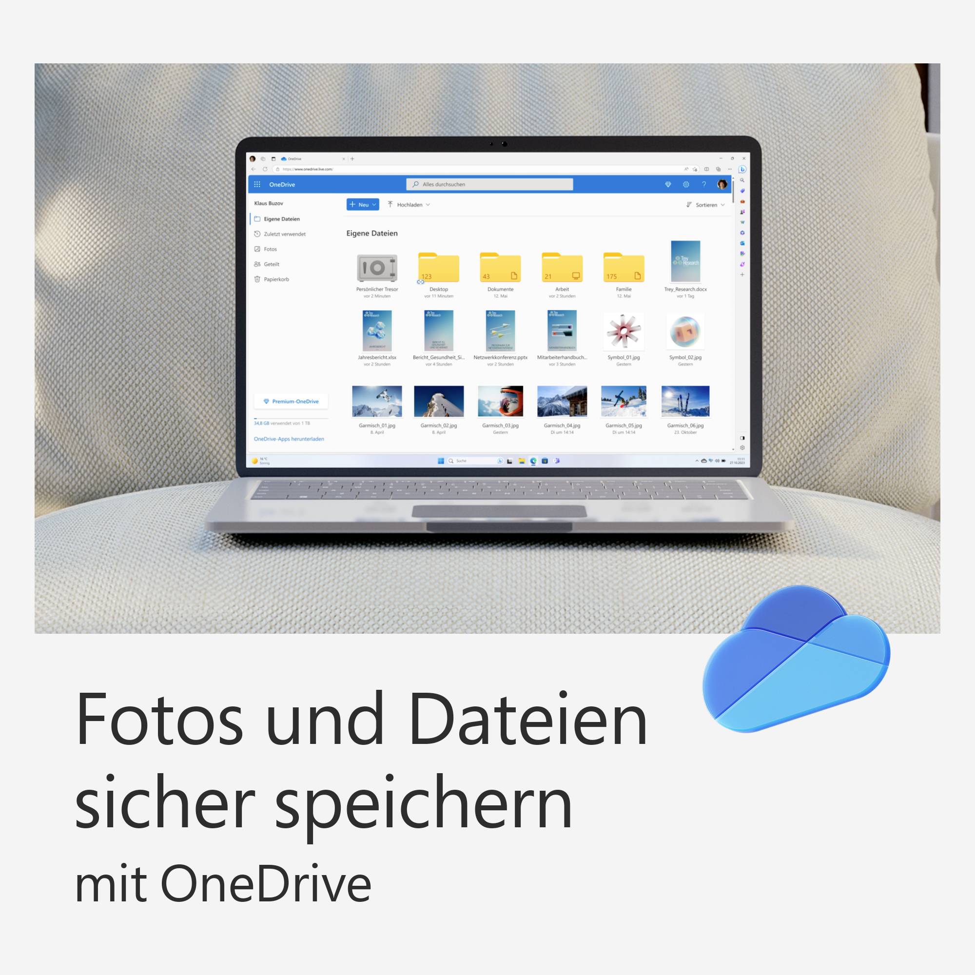 Laptop mit geöffnetem OneDrive-Fenster auf Sofa. Text: 'Fotos und Dateien sicher speichern mit OneDrive'. OneDrive-Logo rechts unten.