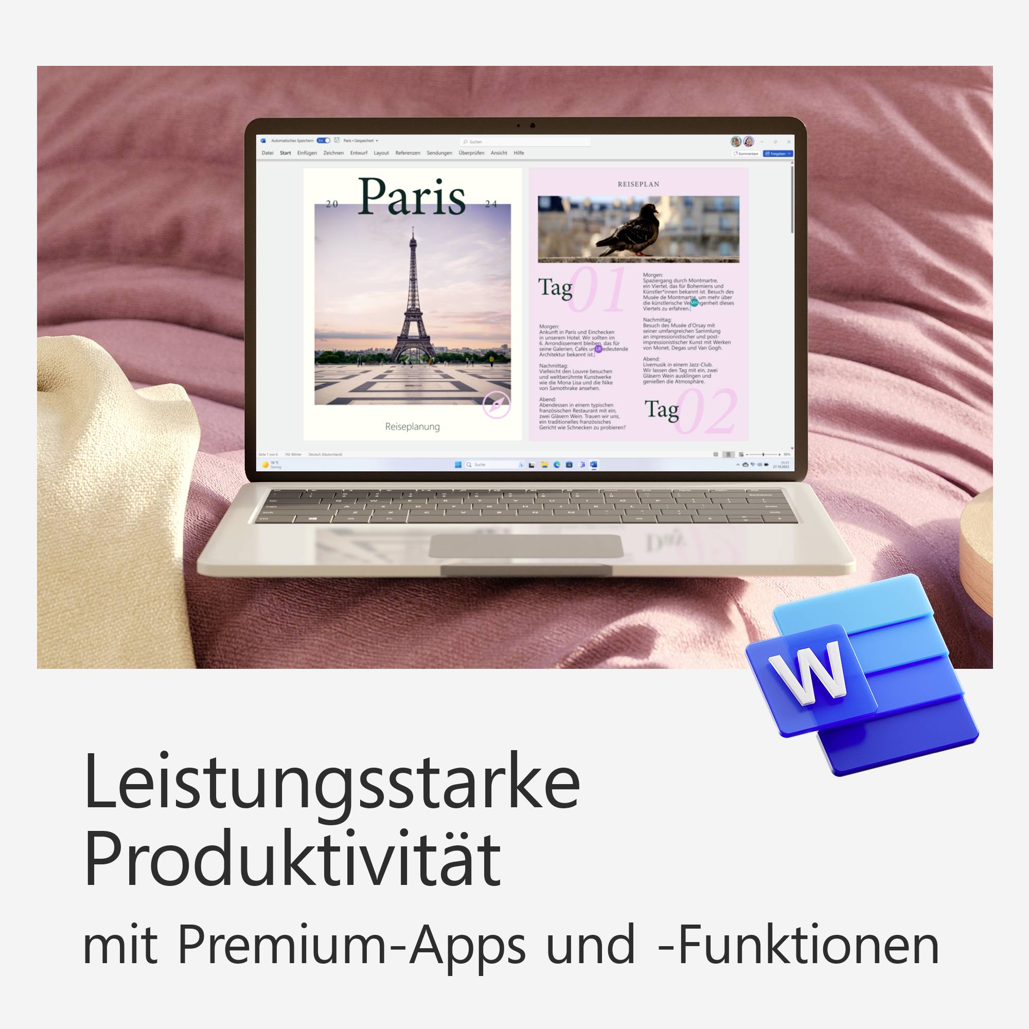 Ein geöffneter Laptop zeigt eine Textverarbeitung mit dem Motiv des Eiffelturms und Text über Paris. Text darunter: 'Leistungsstarke Produktivität mit Premium-Apps und -Funktionen'.