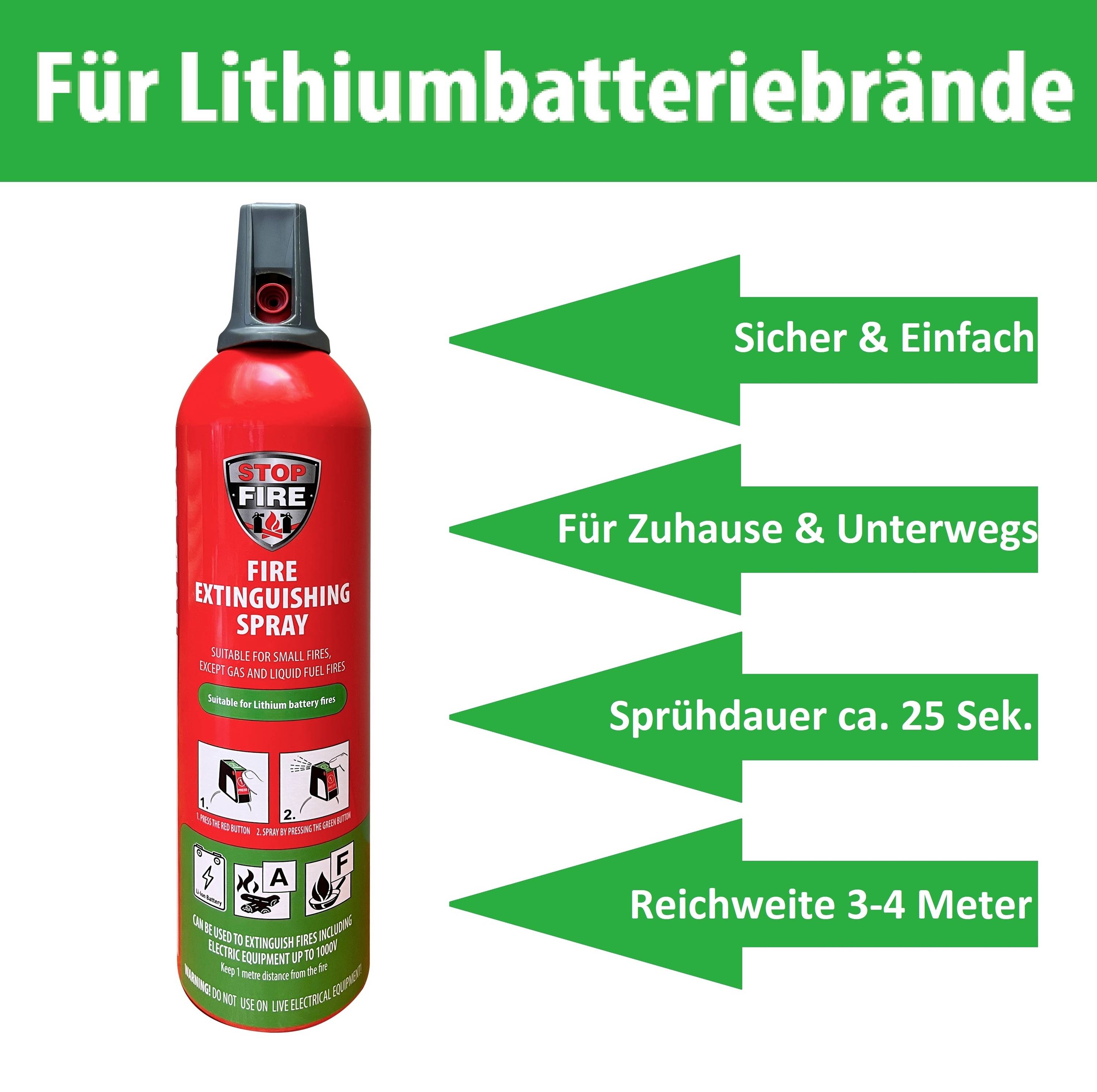 Feuerlöschspray für Lithiumbatteriebrände. Beschreibung: Sicher, für Zuhause & unterwegs, Sprühdauer ca. 25 Sek., Reichweite 3-4 Meter.