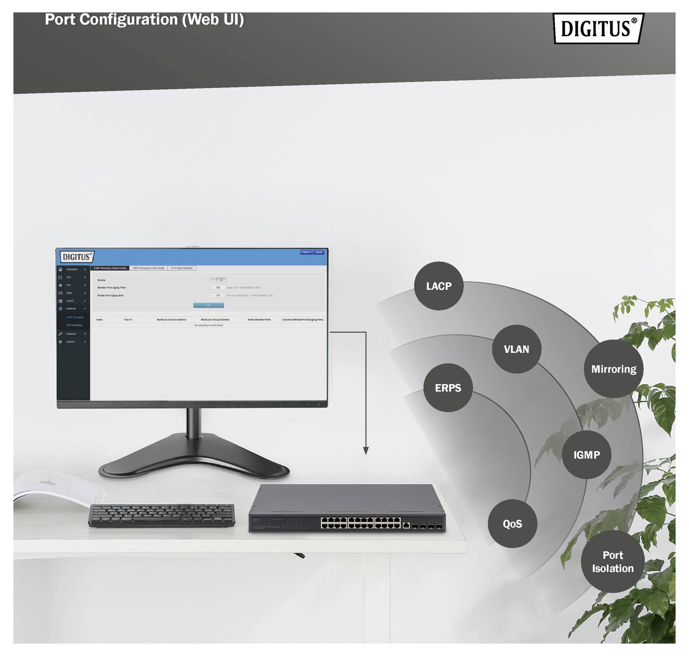 Ein Computerbildschirm zeigt die 'DIGITUS'-Weboberfläche für Portkonfiguration. Daneben sind Netzwerktechniken wie LACP und VLAN dargestellt.