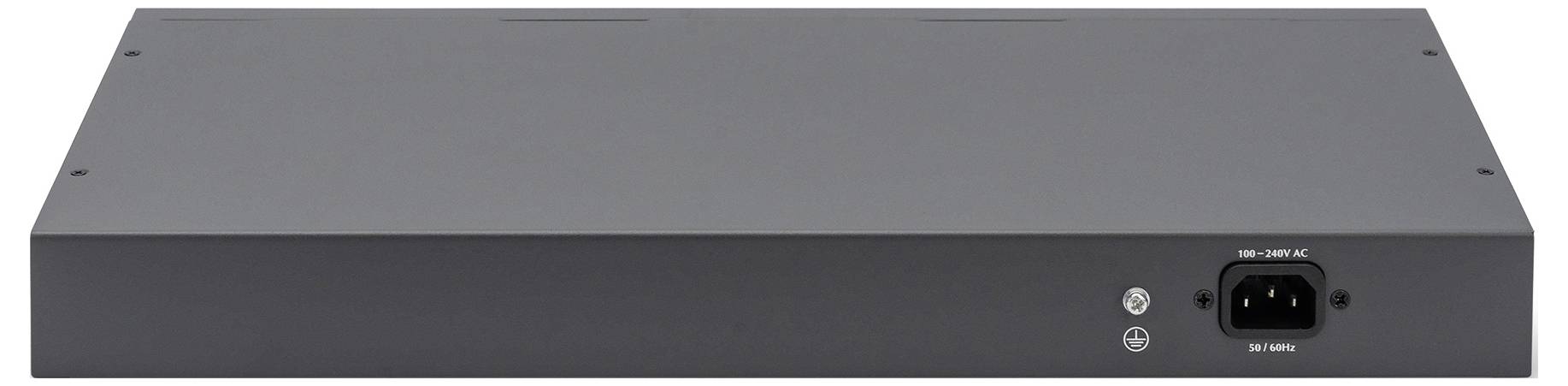 Schwarzes elektronisches Gerät in rechteckiger Form mit einem Stromanschluss auf der rechten Seite.