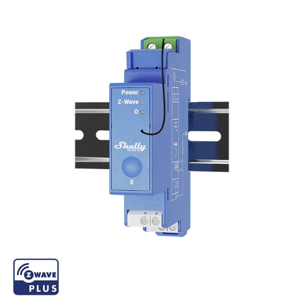Das Bild zeigt ein blaues Z-Wave Plus Gerät für die Hutschienenmontage mit einem Schalter und Anschlüssen oben. Es hebt die Kompatibilität mit Z-Wave Plus hervor.