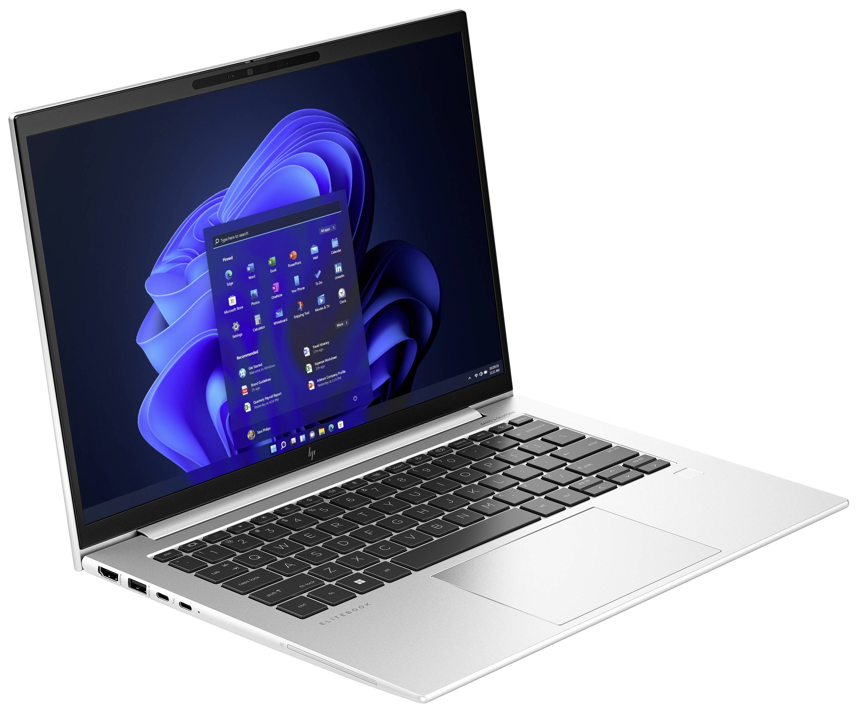 Ein geöffneter Laptop mit Windows-Oberfläche auf dem Bildschirm. Das Design ist modern mit schmalen Bildschirmrändern und schwarzer Tastatur.