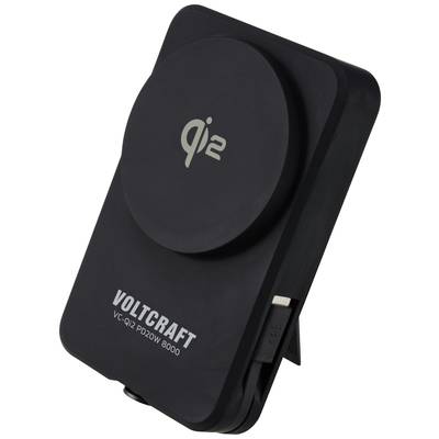Ein tragbares Ladegerät mit Qi2-Technologie von Voltcraft, Modell VC-Q12 PD20W 8000, gezeigt mit einem USB-Anschluss.