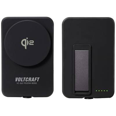 Zwei schwarze drahtlose Ladegeräte von Voltcraft, Vorder- und Rückseite. Links Qi 2 Symbol, rechts grüne LED-Anzeigen für den Batteriestand.