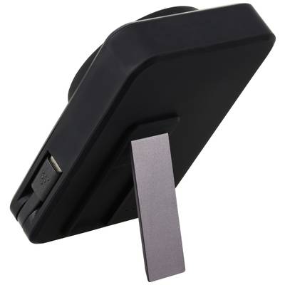 Ein schwarzer digitaler Bilderrahmen steht mit einem ausklappbaren Ständer aufrecht. Er hat einen USB-Anschluss an der Seite.