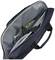 Geöffnete dunkelblaue Laptoptasche mit Smartphone, Stift und Notizblock im Inneren.