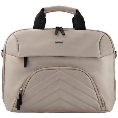 Beige Laptop-Tasche mit schwarzem Tragegriff und Reißverschlüssen, ideal für den Transport von elektronischen Geräten.