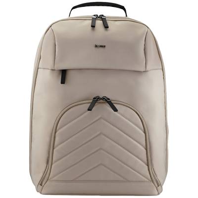 Beiger Rucksack mit schwarzen Reißverschlüssen und Steppmuster auf der vorderen Tasche.