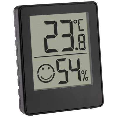 Digitales Thermometer und Hygrometer mit Anzeige von 23,8°C und 54% Luftfeuchtigkeit. Ein Smiley zeigt angenehme Bedingungen an.