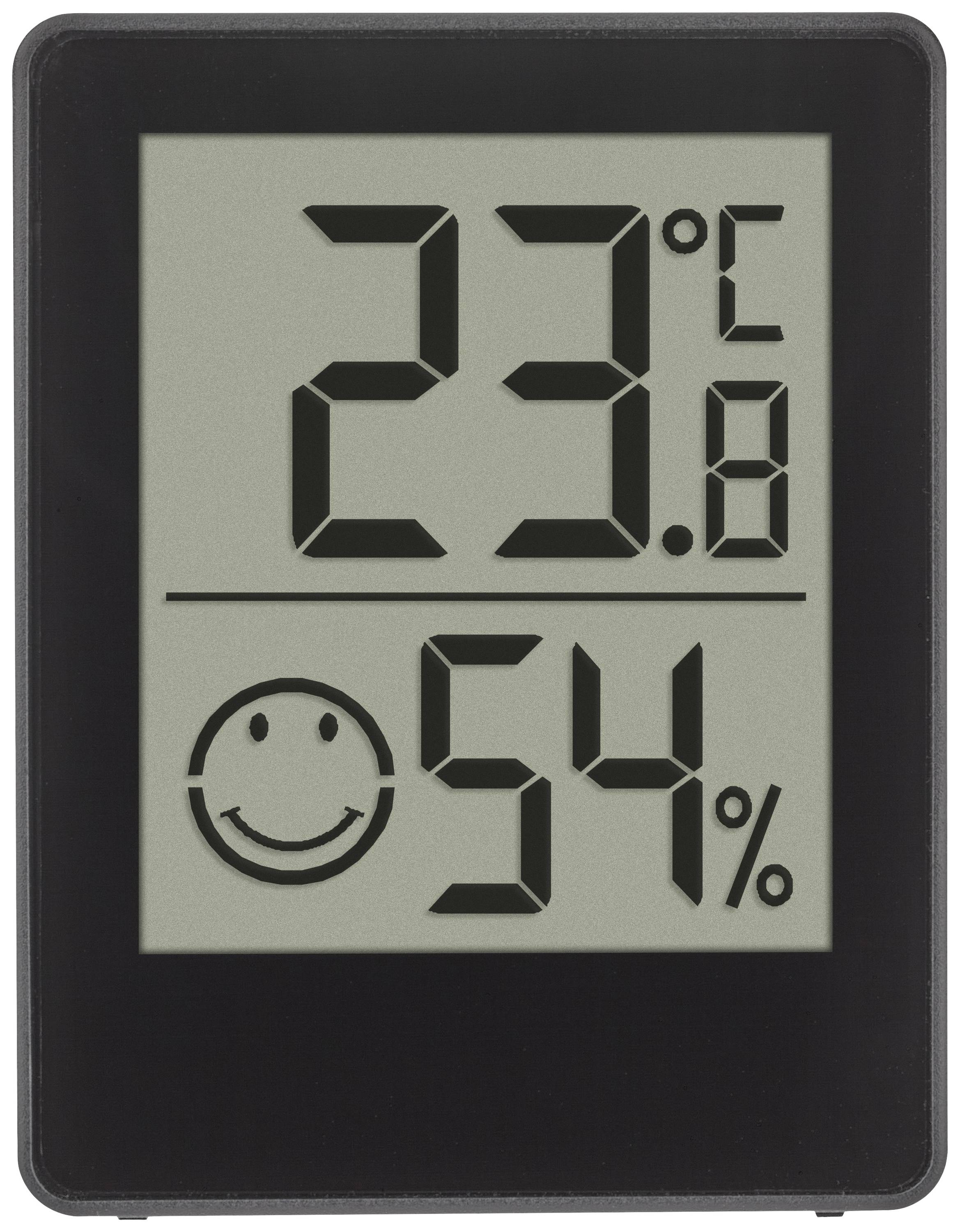 Digitales Thermometer-Hygrometer zeigt 23,8 Grad Celsius und 54 Prozent Luftfeuchtigkeit an, mit einem lächelnden Smiley.