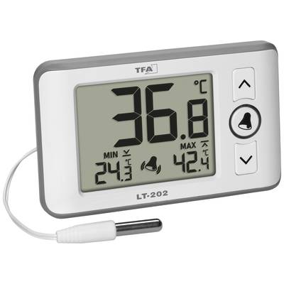 Digitales Thermometer zeigt 36,8 Grad Celsius an, mit Minimalwert 24,3 und Maximalwert 42,3. Enthält Sensorkabel.