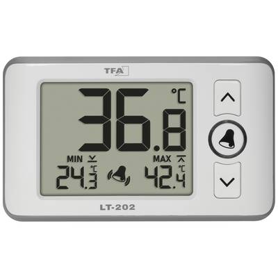 Digitales Thermometer zeigt 36,8°C an. Min. 24,3°C, Max. 42,4°C. Zwei Pfeiltasten und Alarmknopf sichtbar.