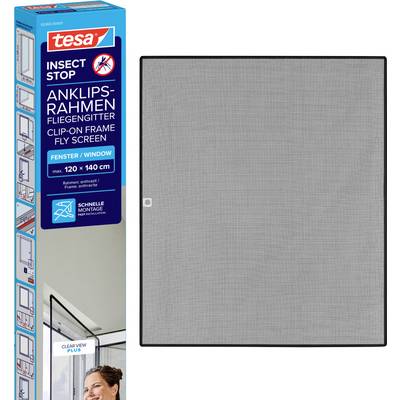 Tesa Insect Stop Clip-on Frame Fliegengitter für Fenster, Größe bis zu 120 x 140 cm, gezeigt neben einem grauen Gitterflächenpanel.