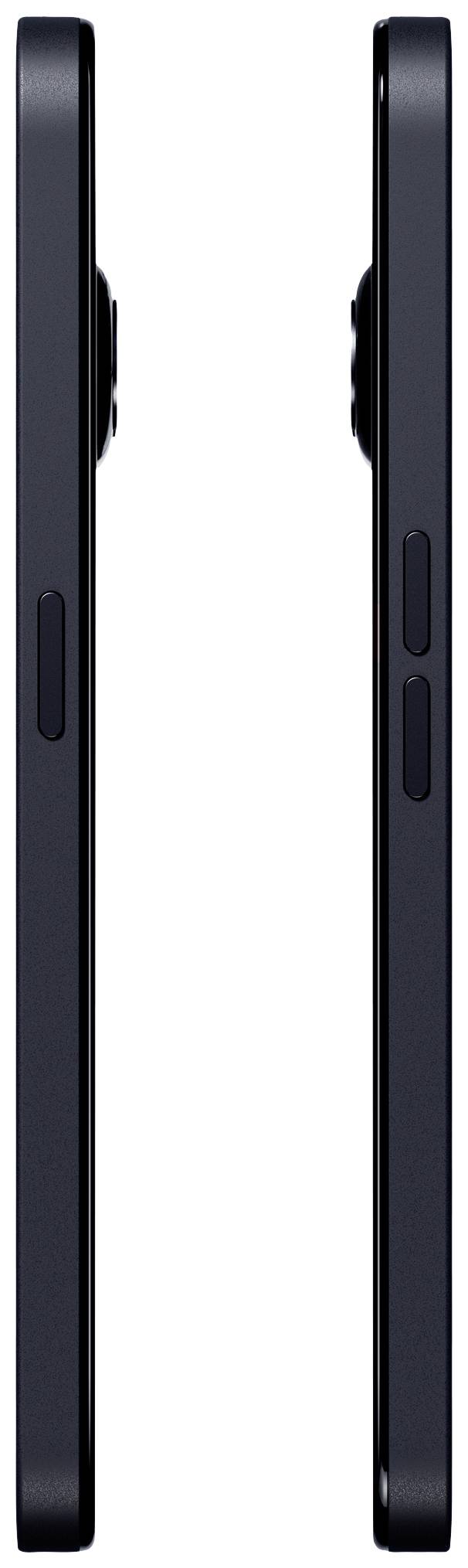 Zwei Smartphones im Profil, links und rechts, zeigen die schlanke Bauweise und die Position der Tasten an der Seite.