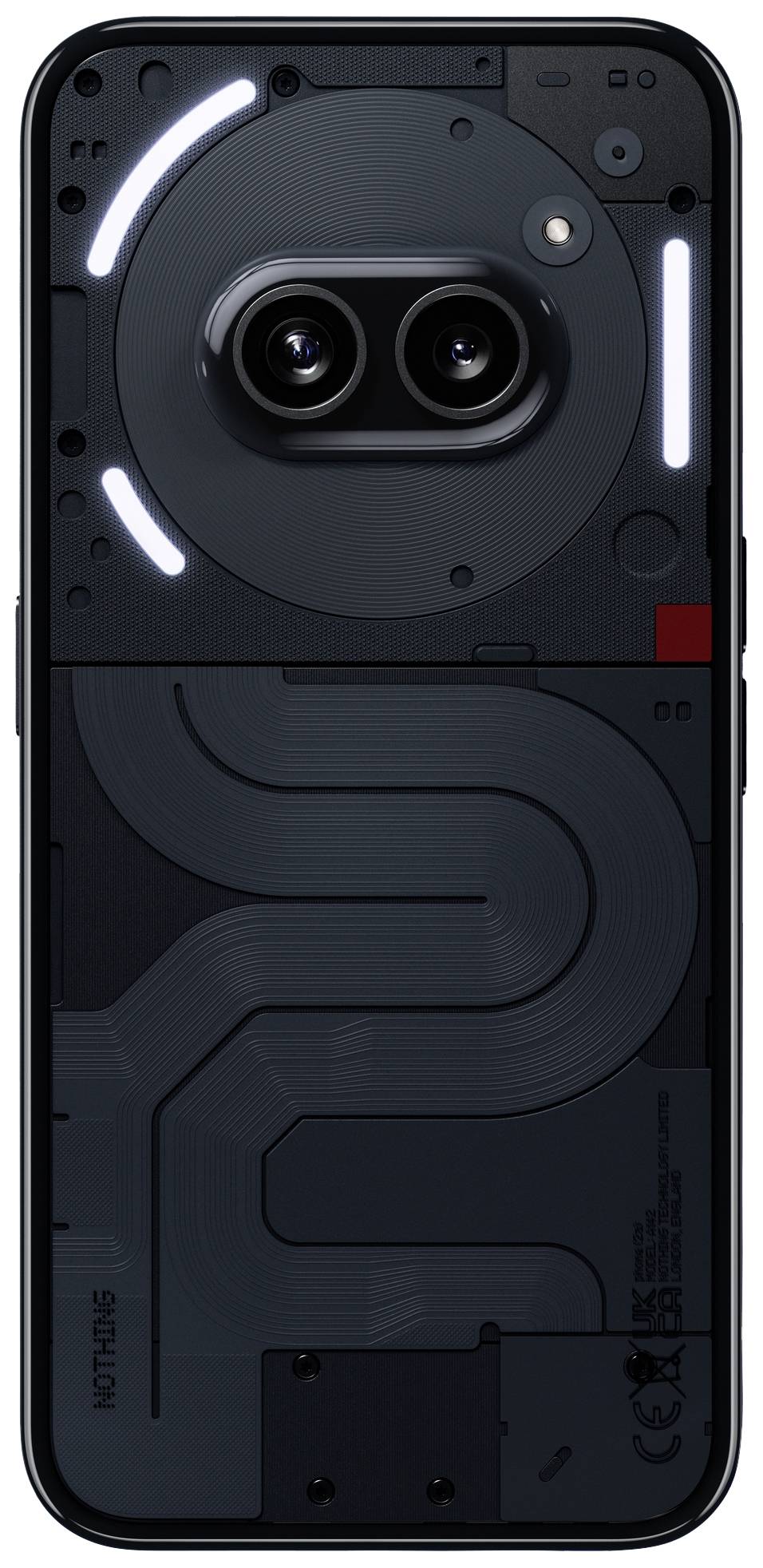 Rückseite eines modernen Smartphones mit transparentem Design, zwei Kameralinsen und leuchtenden LED-Streifen um die Kamera herum.